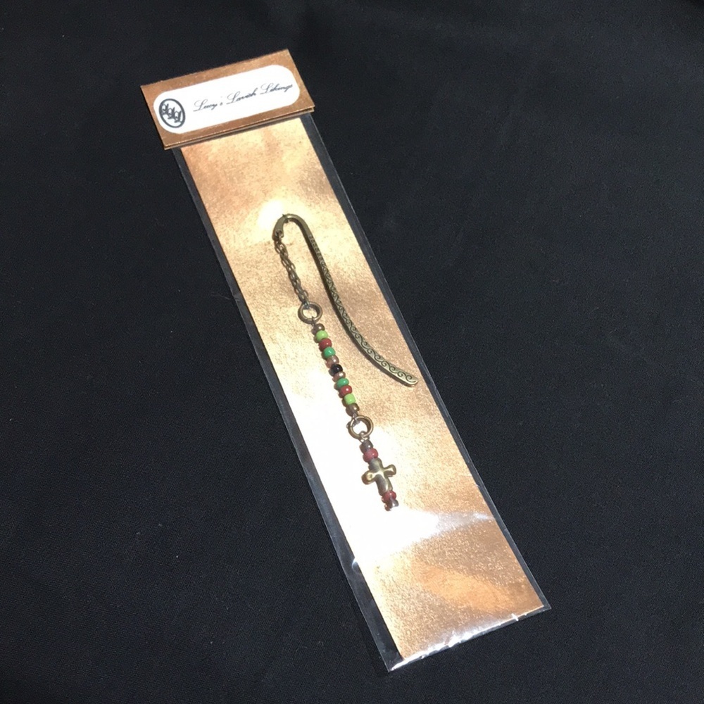 Metal Shepherd's Hook Bookmark w/Chain, Metal Cross Bead, & Glass Seed Beads